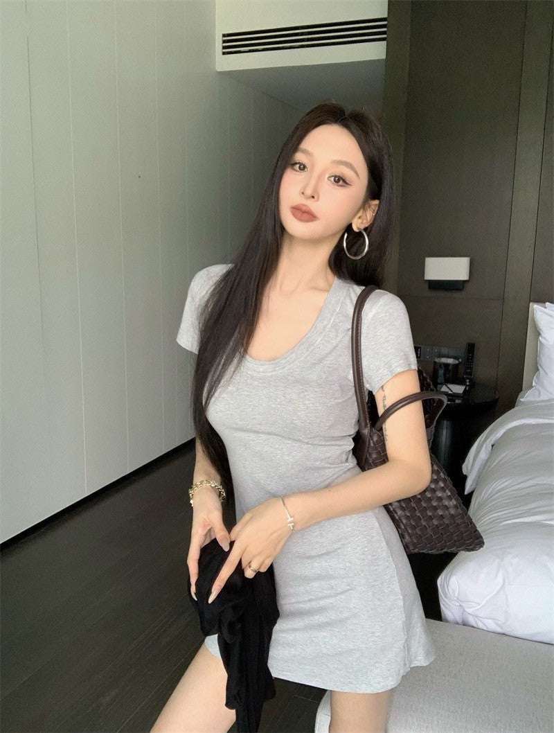 Jun. （加購優惠價）懶人出遊 U領顯瘦微收腰連身小短裙 淺灰/深灰