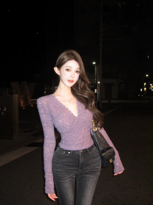 25Nov. 氣質優雅雕花V領法式上衣 紫/卡其