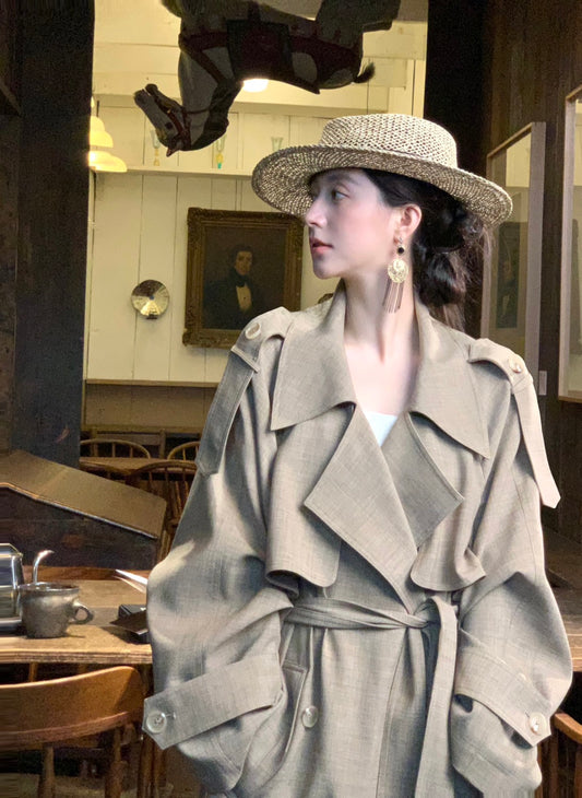 25Dec. 老派審美韓系翻領亞麻肌理紋雙排扣風衣 雲霧米