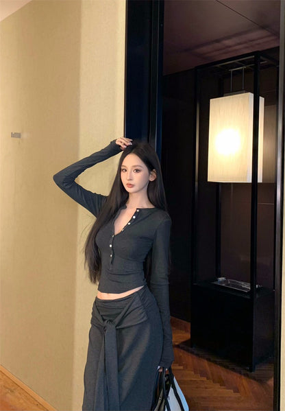 25Nov. 基礎休閒排扣上衣綁帶垂墜半身裙套裝 藍/深灰