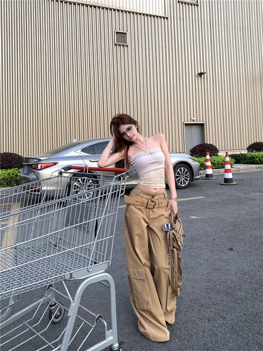 Jun. 痞甜陷阱真兩件式疊穿蕾絲抹胸 卡其工裝休閒褲