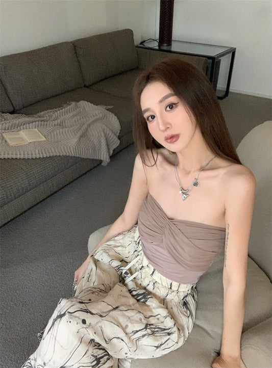 Jun. 基礎網紗扭結打摺抹胸  裸卡/黑色