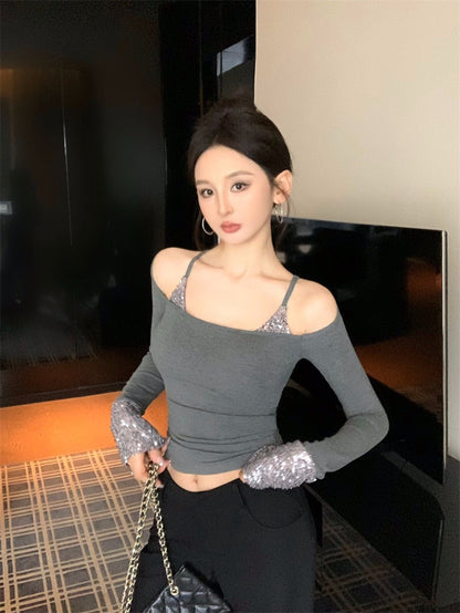 25Nov. 璀璨奪目假兩件式亮片拼接上衣 灰