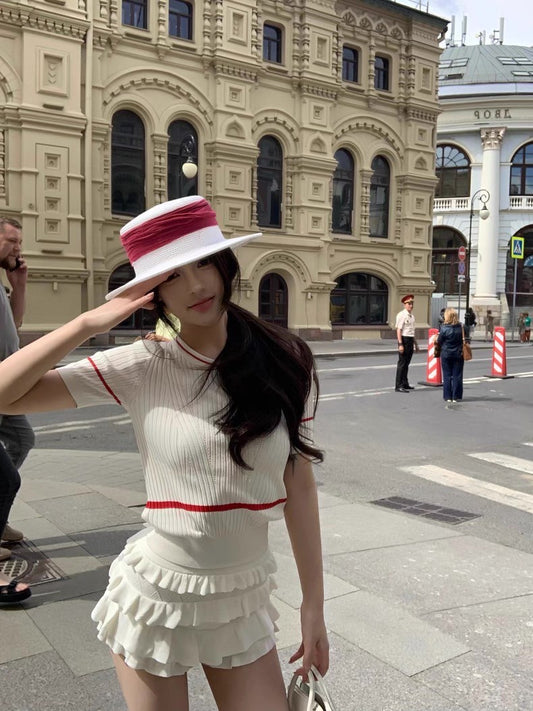 25Aug. 視覺比例圓領針織撞色上衣 白/黑