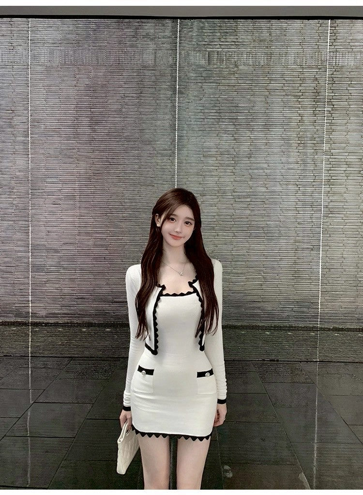 25Sep. 小香玩家 波浪黑白撞色針織連身裙2件組