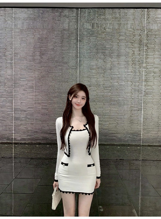 25Sep. 小香玩家 波浪黑白撞色針織連身裙2件組