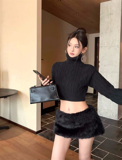 26Jan.精緻姐姐兩穿高彈麻花針織上衣 辣妹毛毛褲裙 黑