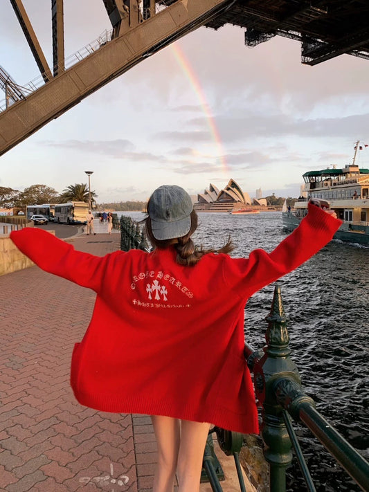 Mar. 日落海港 率性十字logo印花針織外套 紅/黑