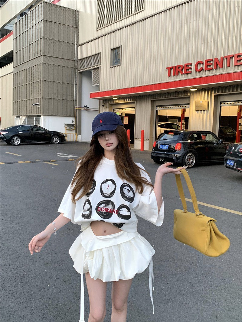 Jun. 初階芭蕾花苞蓬蓬半身裙 美式印花寬鬆上衣