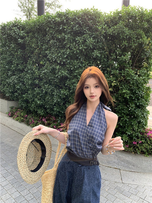 Jun. Spicy辣妹私服 復古格紋掛脖上衣 高腰休閒褲