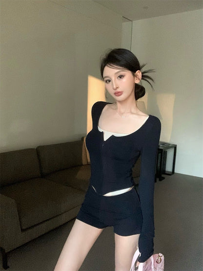 25Jul. 辣妹瑜伽 休閒拉鏈運動服套裝 藏藍