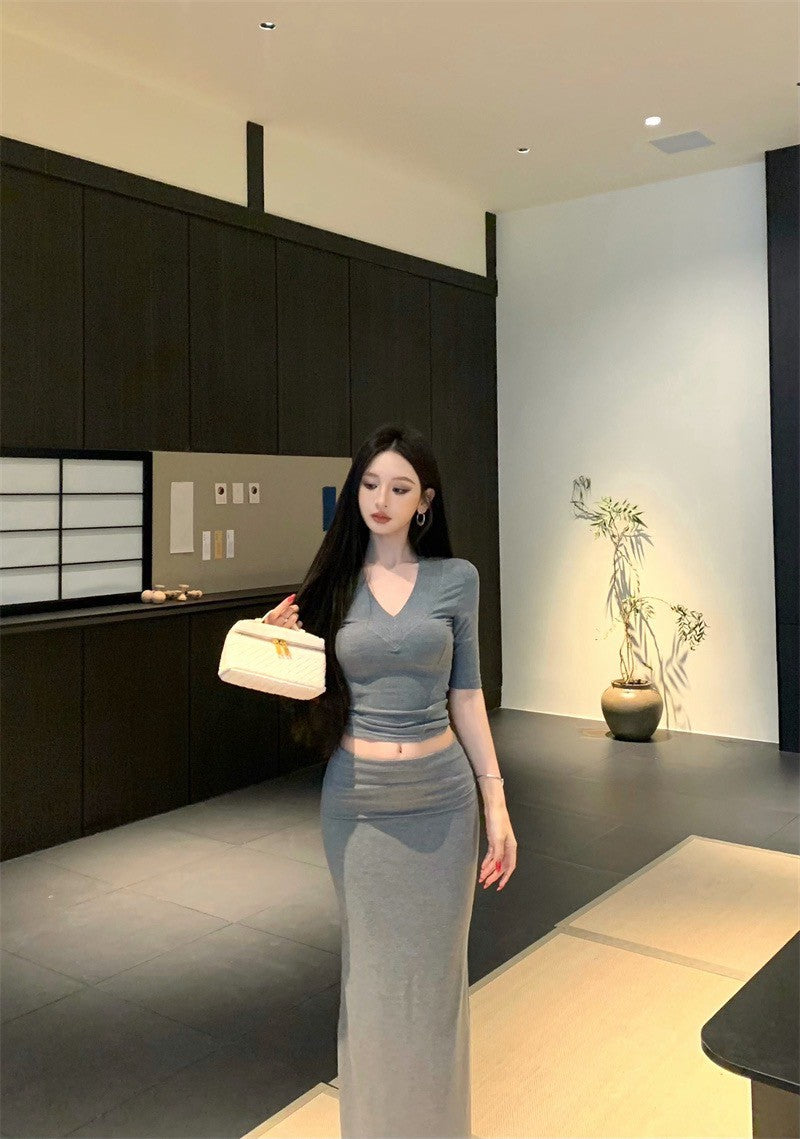 25Sep. 高級感V領五分袖魚尾半身裙套裝 灰/黑