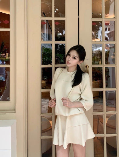 25Aug. 日常美美通勤長袖針織半身裙套裝 米/黑