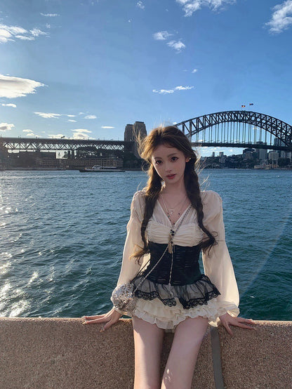 25Nov. 「拜占庭宮風」復古V領摺紗純慾感半身裙套裝（附腰封）杏