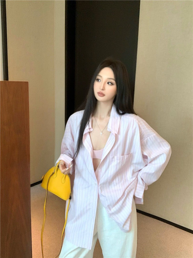 Jun. 粉嫩淡顏 寬鬆通勤條紋襯衫 100萦麻休閒褲