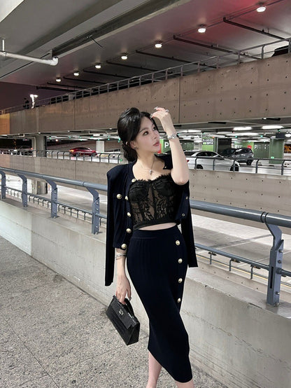 Mar. B牌金釦 高雅紙片人針織半身裙套裝 黑