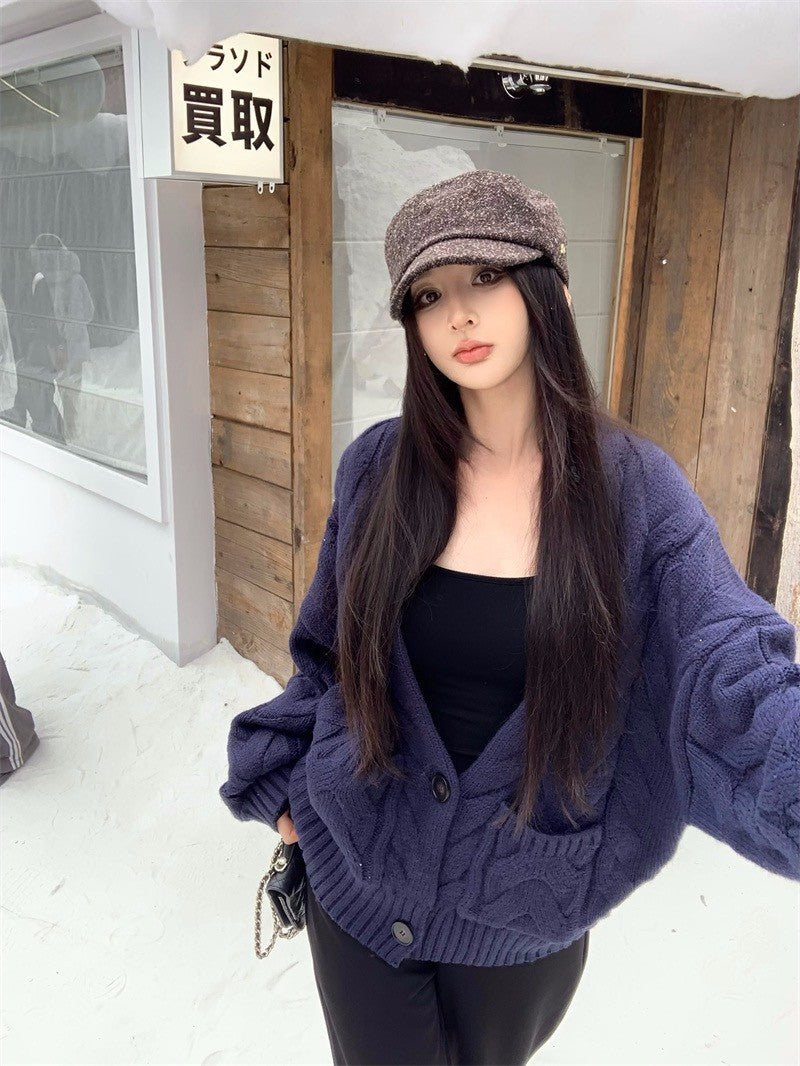 25Dec. 暗色過冬基礎U領打底衣/藏藍麻花針織開衫