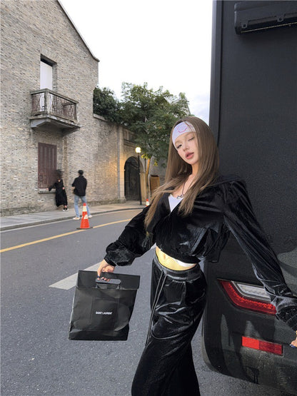 May. 復古disco 休閒黑色絲絨連帽外套 微喇叭休閒褲