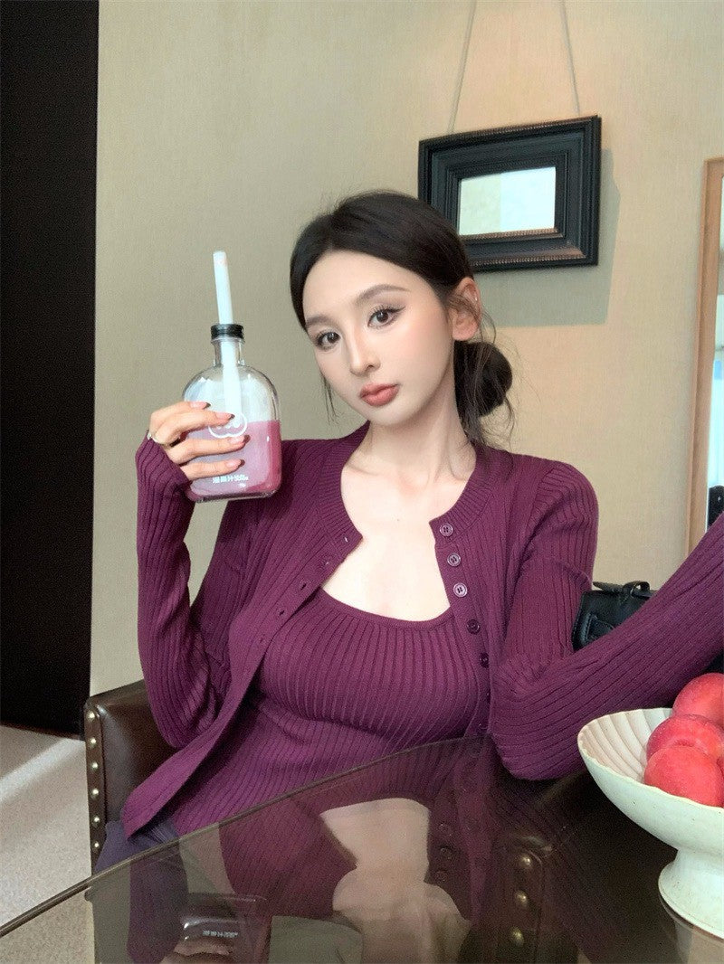 25Dec. 韻味熟女簡約針織上衣2件套 抽繩休閒褲 紫色系