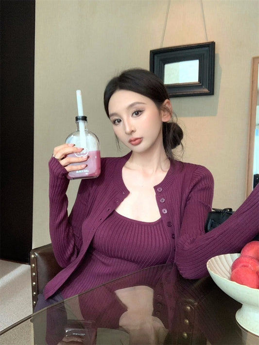 25Dec. 韻味熟女簡約針織上衣2件套 抽繩休閒褲 紫色系