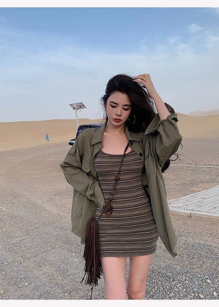 25Oct. 沙漠橄欖 復古條紋背心包臀裙/美式寬鬆襯衫