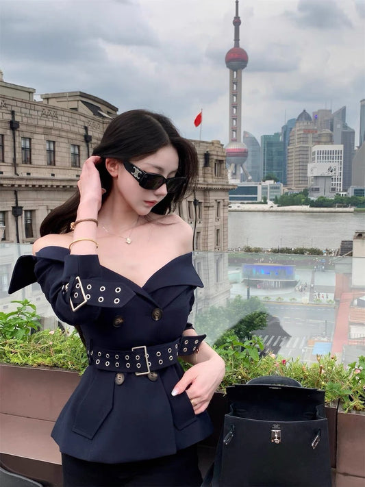 25Oct. 經濟上美學MAR*GONG雙排扣風衣外套套裝 藏藍配黑褲