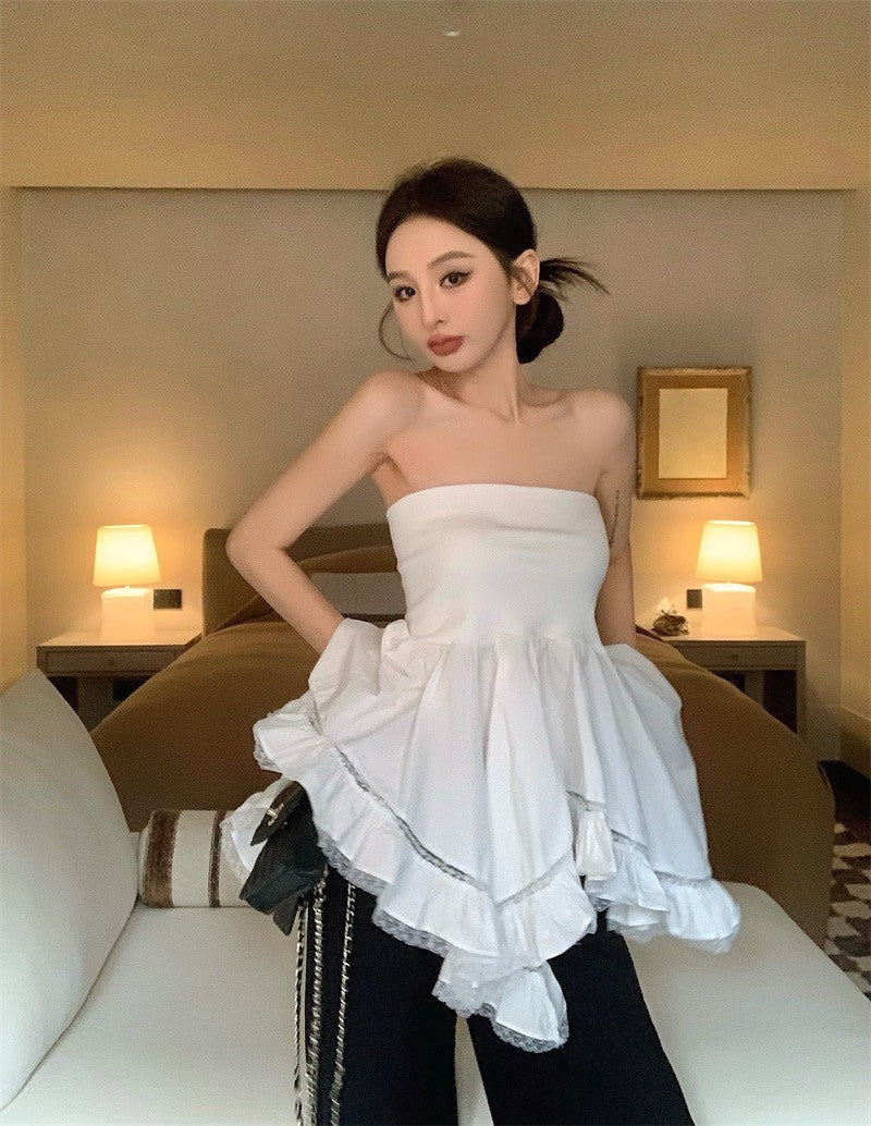 May. 布達佩斯 優雅不規則拼接垂墜抹胸 附蕾絲繞脖