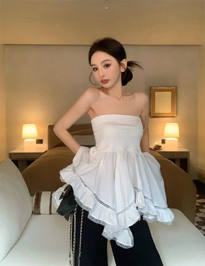 May. 布達佩斯 優雅不規則拼接垂墜抹胸 附蕾絲繞脖