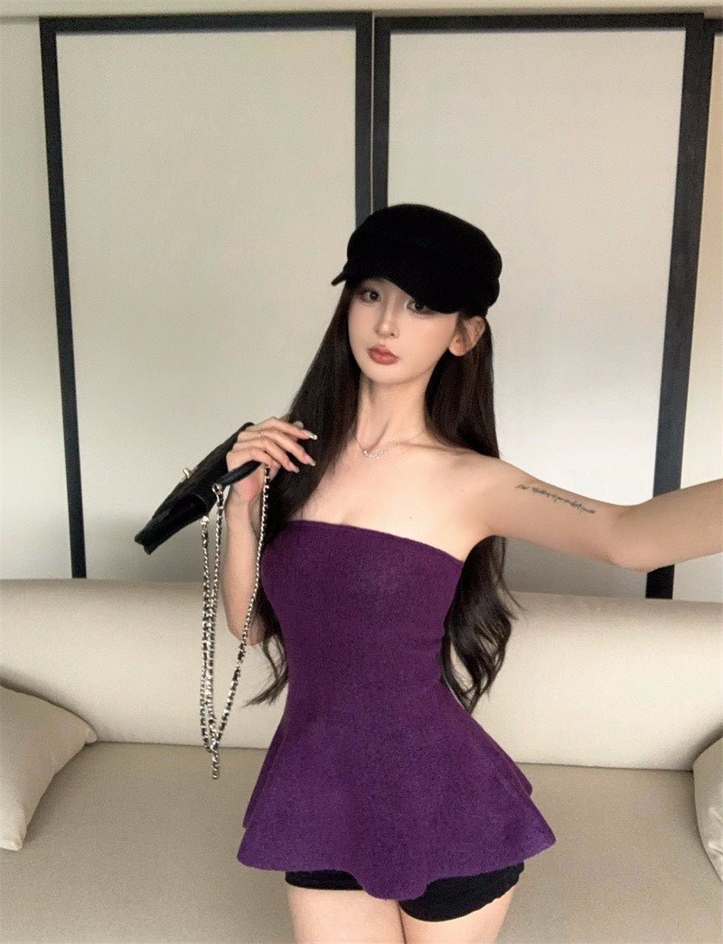 25Nov. 曲線奧斯氣質針織花瓣抹胸 紫