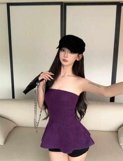 25Nov. 曲線奧斯氣質針織花瓣抹胸 紫