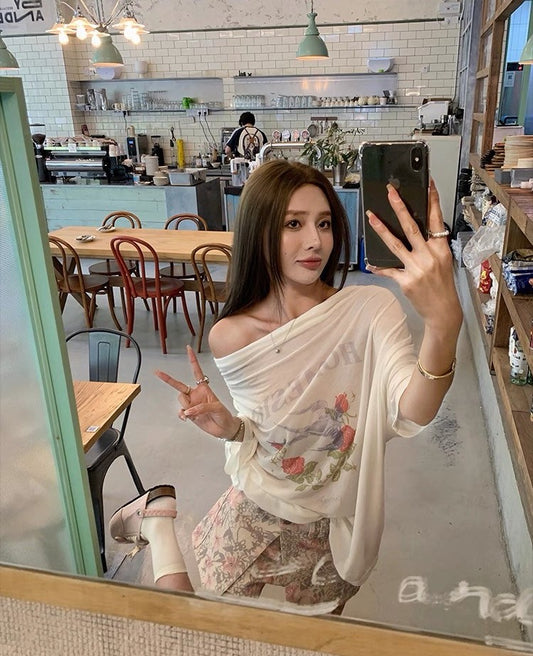 25Aug. 休閒透棉薄料金珍妮同款斜肩上衣