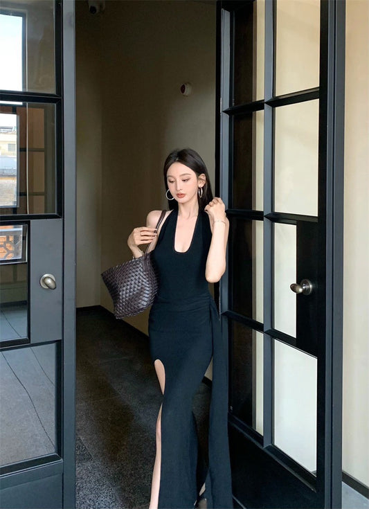 Jun. 雜誌封面女主 歐美修身綁帶針織開叉連身裙 黑