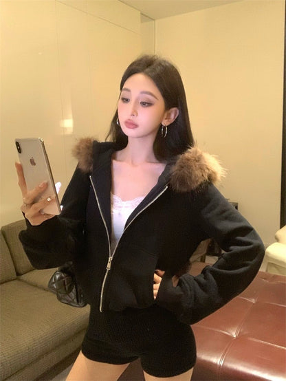 Jan. 奶貓狙擊 通勤慵懶毛毛連帽外套 黑