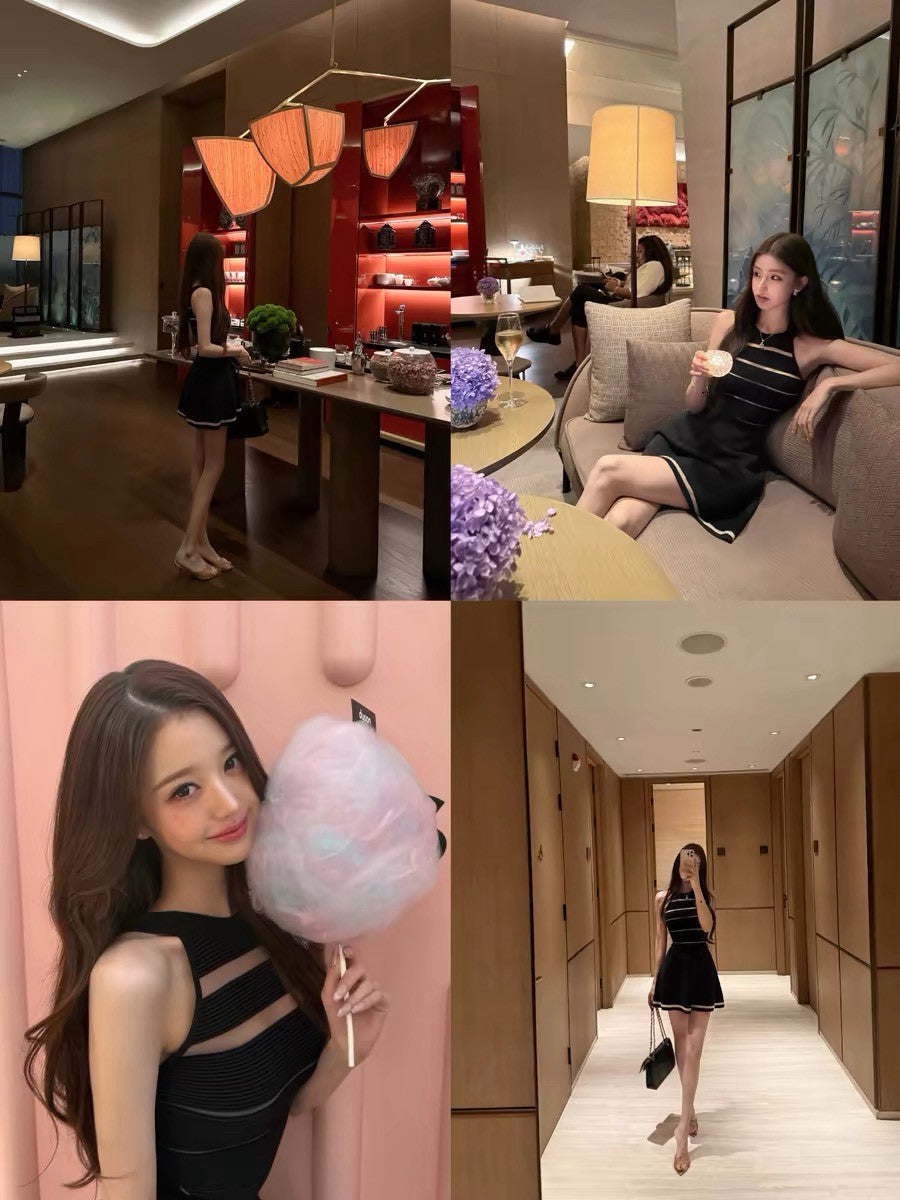 26Jun. 浮曼波高級感網紗拼接豎坑針織連身裙 元英黑/白