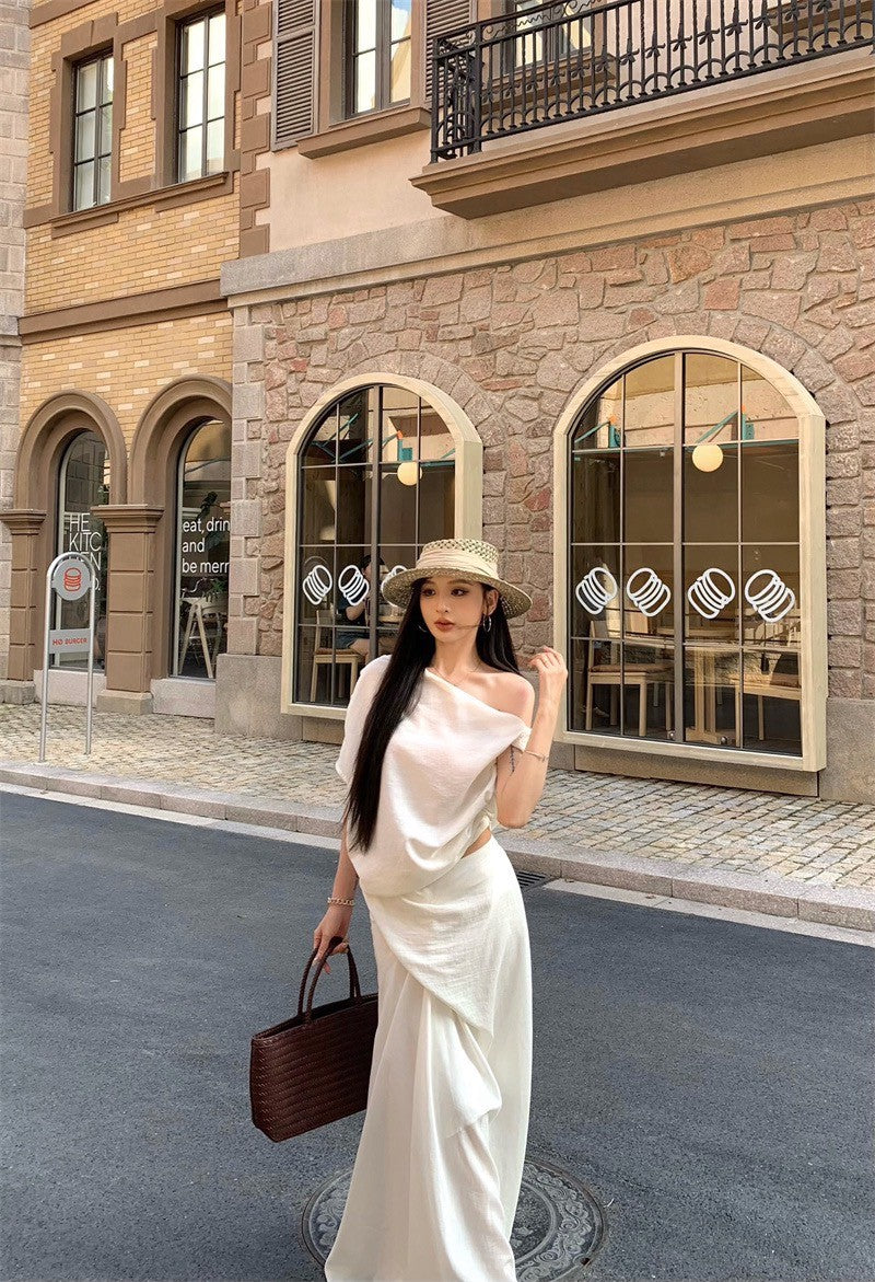 25Aug. 設計師款高雅斜肩上衣不規則剪裁裙套裝