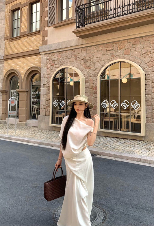 25Aug. 設計師款高雅斜肩上衣不規則剪裁裙套裝