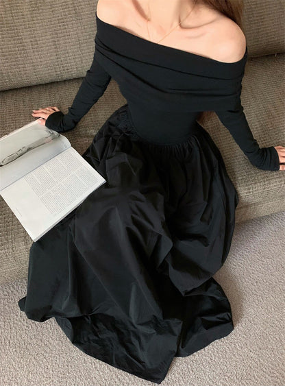 26Jan. 長期主義針織一字領拼接赫本連身裙 黑/白