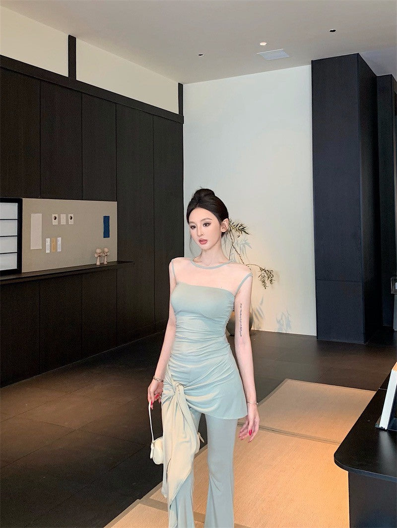 25Aug. 古典視覺網紗拼接上衣綁帶休閒褲套裝 豆沙綠