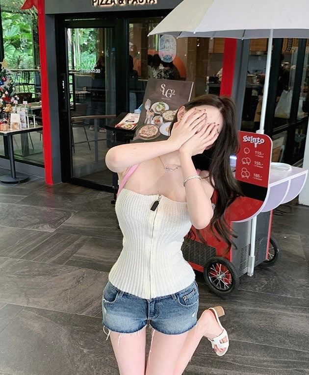 Mar. 純欲神器 拉鏈調節抹胸針織 杏白