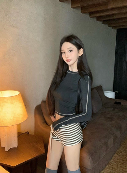 Jan. 休閒高圓領彈力明線設計感上衣 灰