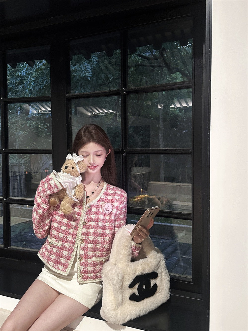 25Dec. 正反兩穿‘’甜心芭比粉白格紋粗呢小香外套