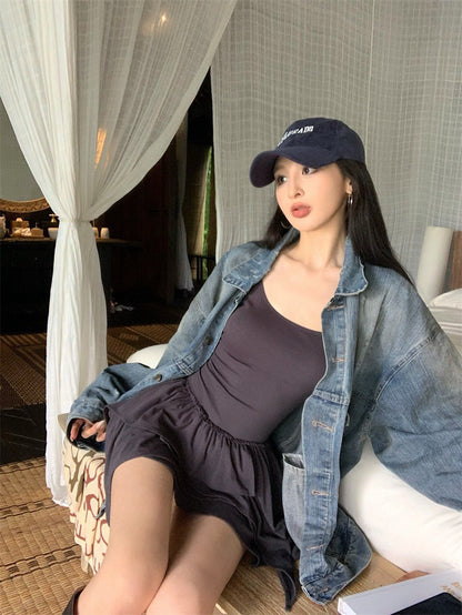 May. 歐美土廢風 少女背心拼接蛋糕連身裙 灰