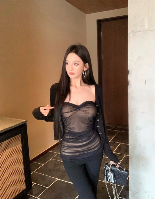 Jun. Kiss初吻性感網紗抹胸 鈕扣開衫 黑