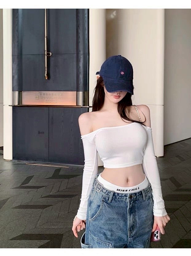 May. 神仙小t 一字領純欲短款上衣 白