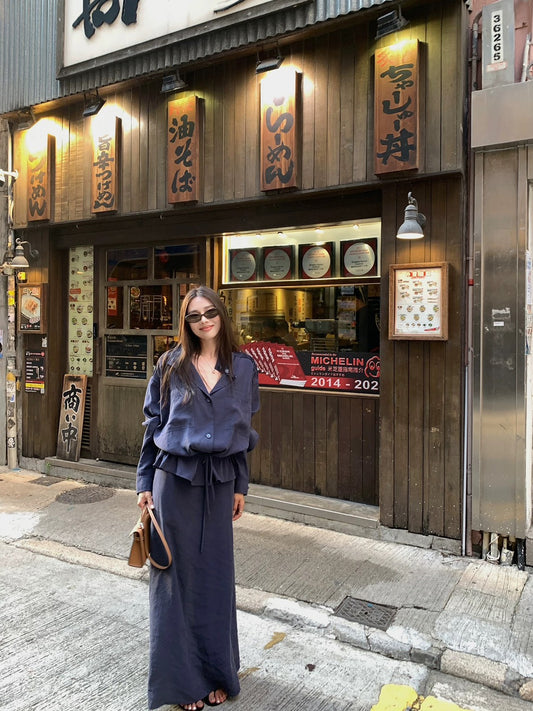 25Dec. 仿銅氨塔克工藝設計繆思抽繩工裝半身裙套裝 藏青