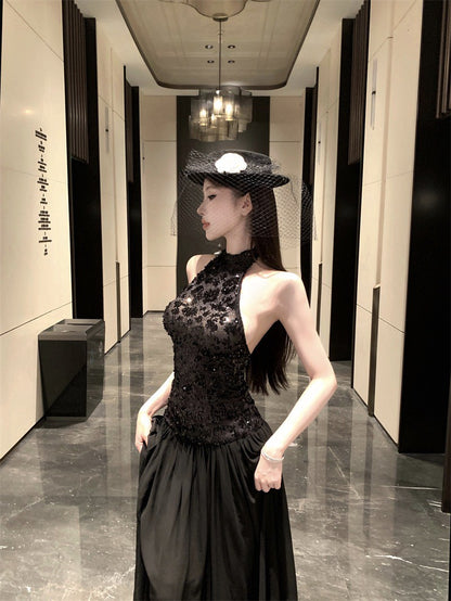 26Feb. 性感亮片削肩背心拼接赫本裙 黑