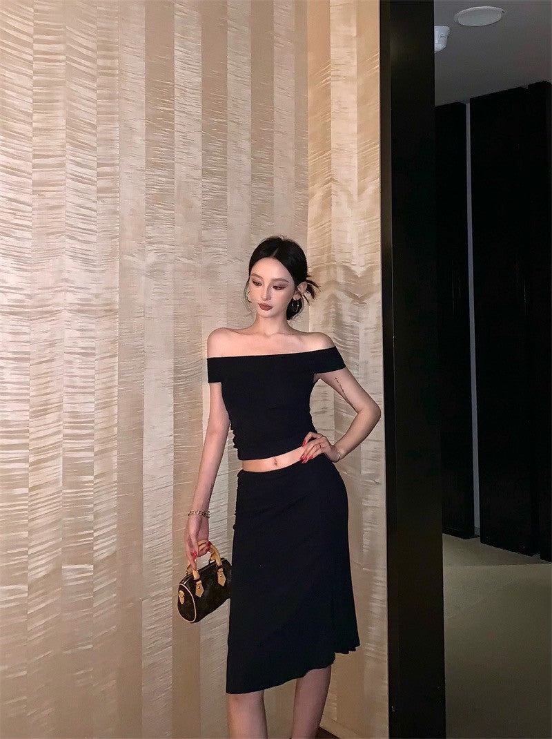 25Sep. 輕熟御姐一字領七分裙套裝 黑