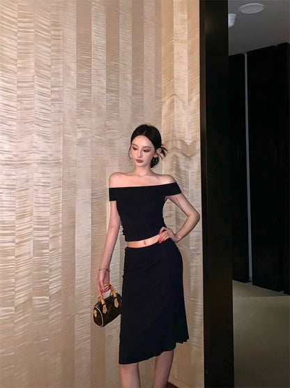 25Sep. 輕熟御姐一字領七分裙套裝 黑