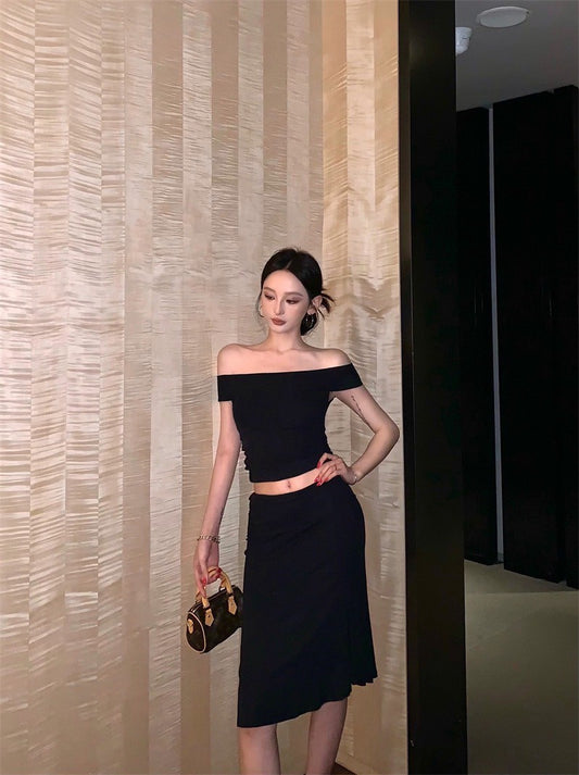 25Sep. 輕熟御姐一字領七分裙套裝 黑