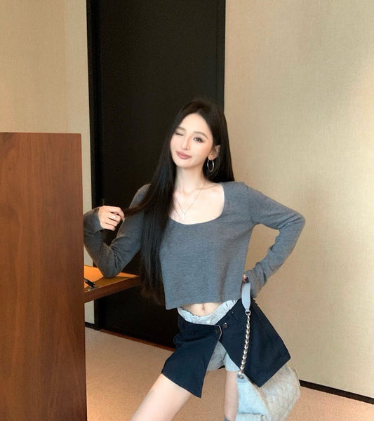 Jun. 可拆式設計款2件套褲裙 簡約U領寬鬆上衣 灰